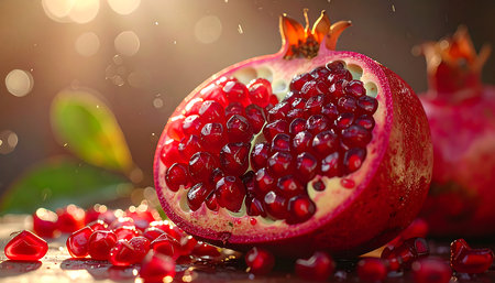 Ripe pomegranate fruit on wooden table with bokeh backgroundの素材