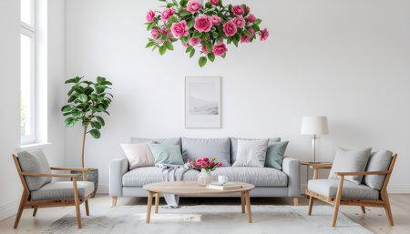 Interior of modern living room with gray sofa, coffee table and flowersの素材