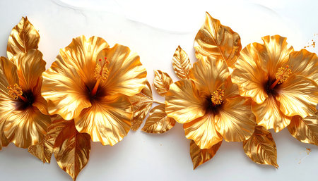 Gold hibiscus flowers on white background. Top view.の素材