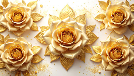 3d render of gold rose flowers with golden leaves on white backgroundの素材