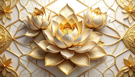 3d rendering of lotus flower with gold pattern on white backgroundの素材