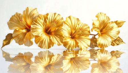 Yellow hibiscus flowers isolated on white background with reflection.の素材
