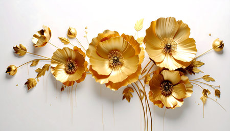 Golden poppies on a white background with golden leaves and gold paintの素材