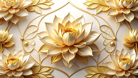 3d render of lotus flower on white background with golden ornament.の素材