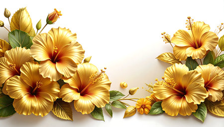 Hibiscus flowers with leaves and gold beads on white backgroundの素材
