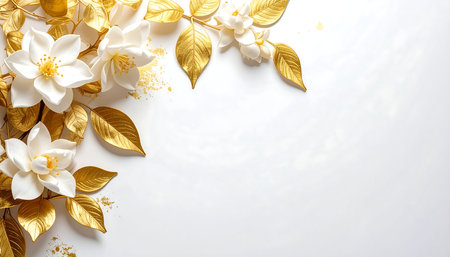 White jasmine flowers with gold leaves on white background. 3d renderingの素材