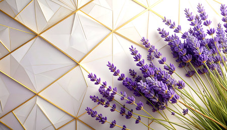 Lavender flowers and golden geometric background. Top view with copy spaceの素材