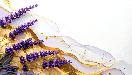 Lavender flowers on white background. Top view, copy spaceの素材