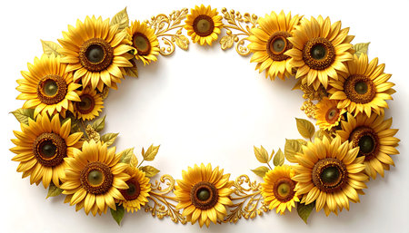 Sunflower wreath isolated on white background. Top view. Flat lay.の素材