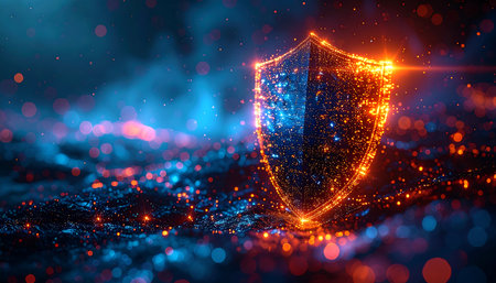 Cyber security concept. Shield with glowing dots on dark background. 3D Renderingの素材