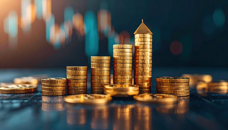 Investment concept, Coins graph stock market with candle stick background.の素材