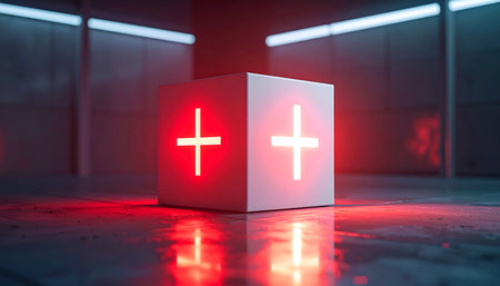 3d rendering of a white cube with a red cross in the centerの素材