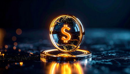 Golden coin with dollar sign on dark background. 3D illustration.の素材