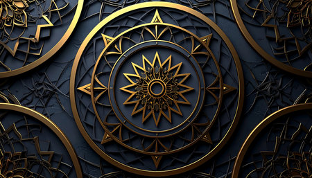 3d illustration of abstract black background with golden ornament. 3d renderingの素材