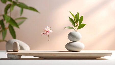 Spa still life with zen stones and flower on light backgroundの素材