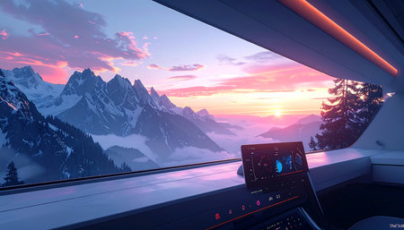 View from the airplane window to the mountains at sunset. 3d renderの素材