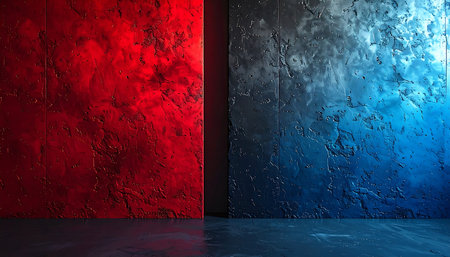 3D render of empty room with concrete wall and red and blue lightingの素材