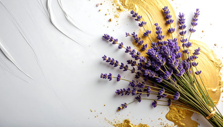 Lavender flowers on a white background. Top view, flat layの素材