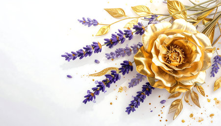 Lavender flowers and golden rose on white background with copy spaceの素材