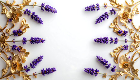 Lavender flowers on white background. Flat lay, top viewの素材