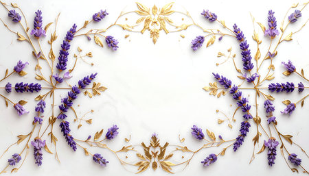 Flowers composition. Frame made of lavender flowers on white background. Flat lay, top view, copy spaceの素材