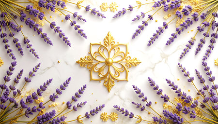 Lavender flowers and golden star on white marble background, top viewの素材