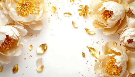 White peony flowers and golden confetti on white background. 3d renderingの素材