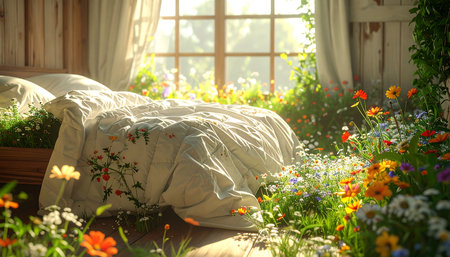 Comfortable bed with flowers in the garden. 3d rendering.の素材