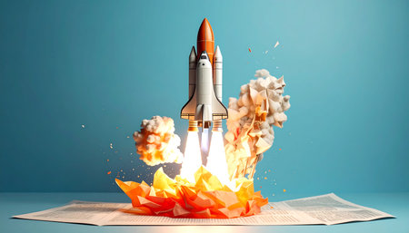 Rocket taking off from open book. Success and startup concept. 3D Renderingの素材