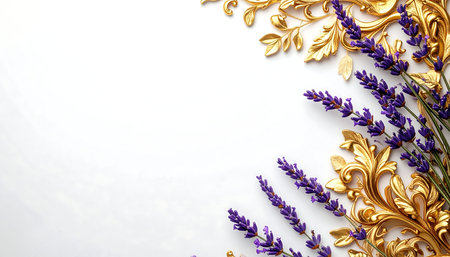 Lavender flowers and golden ornament on white background. Top view.の素材
