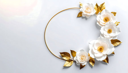 White roses and gold frame on white background. 3d rendering.の素材