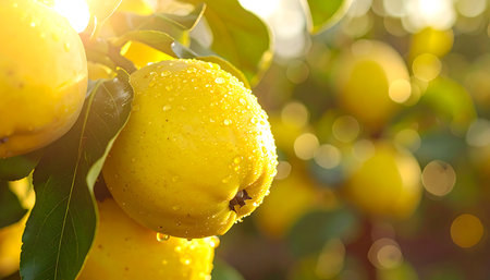 Ripe quince fruits on a branch in the orchard.の素材