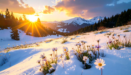 Fantastic winter landscape glowing by sunlight. Dramatic wintry scene. Carpathian, Ukraine, Europe. Beauty world.の素材