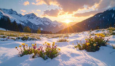 Sunset over snow covered alpine meadow with daffodilsの素材