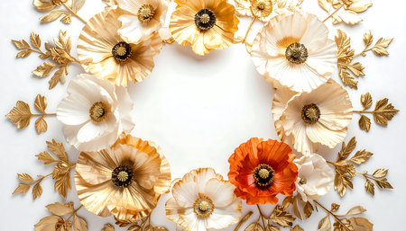 Flowers composition. Wreath made of dried flowers on white background. Flat lay, top view, copy spaceの素材