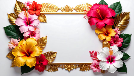 Hibiscus flowers and golden frame on the white background.の素材