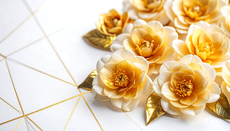 Beautiful yellow artificial flowers on white background, closeup. Space for textの素材