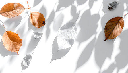 Autumn leaves with shadow on white background. Flat lay, top viewの素材