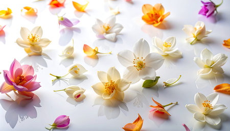 Jasmine flowers and petals on white background, closeupの素材