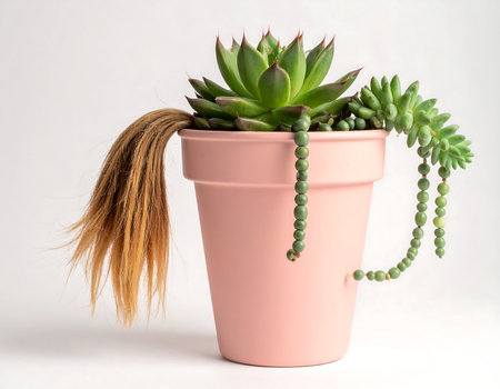Succulent plant in a pink pot on a white background.の素材