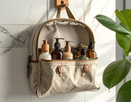 Bag with different cosmetic products on shelf in bathroom, closeupの素材