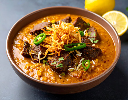 Beef curry with vegetables in bowl on dark background. Close upの素材
