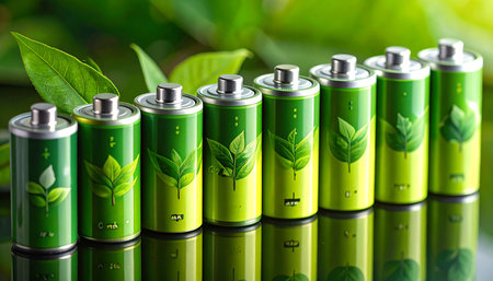 Eco friendly battery with green leaves. Alternative energy concept. 3D Renderingの素材