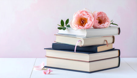 Books and peony flowers on a pink background. Copy space.の素材