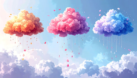 Clouds with rain drops and rainbow colors. Vector illustration for your designの素材