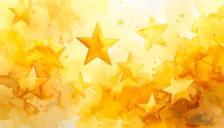 Abstract watercolor background with yellow stars. Hand-drawn illustration.の素材