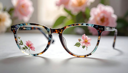 eyeglasses with flower decoration on white wooden table, selective focusの素材