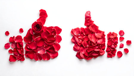 Red rose petals and thumb up on white background, flat layの素材