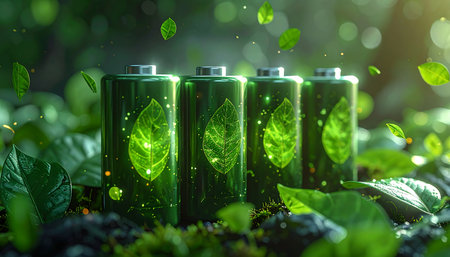 Eco friendly battery with green leaves. 3D illustration. Ecology conceptの素材