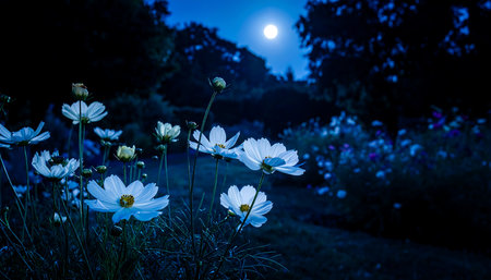 Cosmos flower in the garden at night with moon light background.の素材